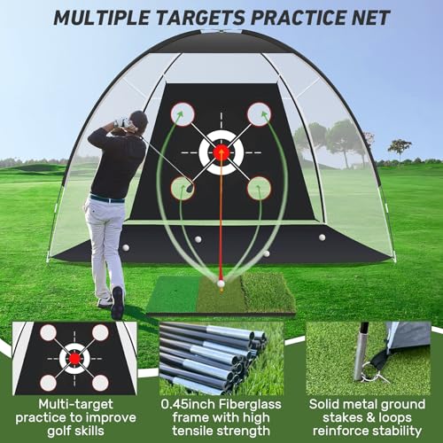 Golf Net with Practice Mat,Golf Hitting Aid Nets 10x7FT for Backyard Driving Chipping Training Swing with Target Mat Balls for Outdoor Indoor，Gifts for Men Dad Him and Golfer