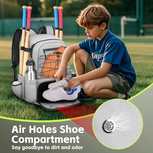 MATEIN Baseball Bat Bag for 4 Bats with Ball Pocket, Lightweight Youth Baseball Backpack with Shoe Compartment, Large Capacity Softball Equipment Bag with Fence Hook for TBall Gear, Helmet, Glove - color: Grey