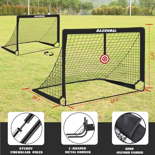 BaseGoal Soccer Goals for Backyard Set of 2, 4x3ft Kids Soccer Goal Portable Pop Up Soccer Net for Kids & Youth, Outdoor Soccer Training Equipment with Soccer Cones, Targets & Accessories