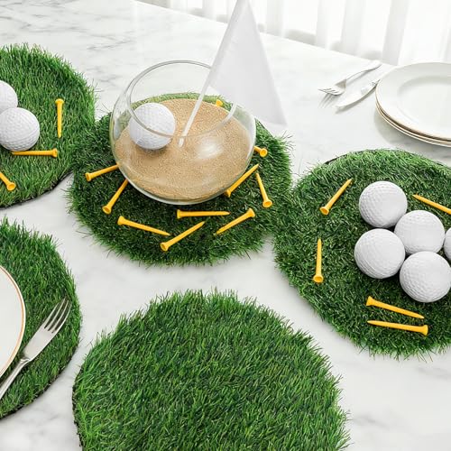 MiniInflat 56 Pcs Golf Party Table Decorations Kit Includes Artificial Grass Mats Mini Golf Flag and Tees Table Centerpiece for DIY Holiday Birthday Sport Party Desk Supplies Favors(Round Straw Mat)