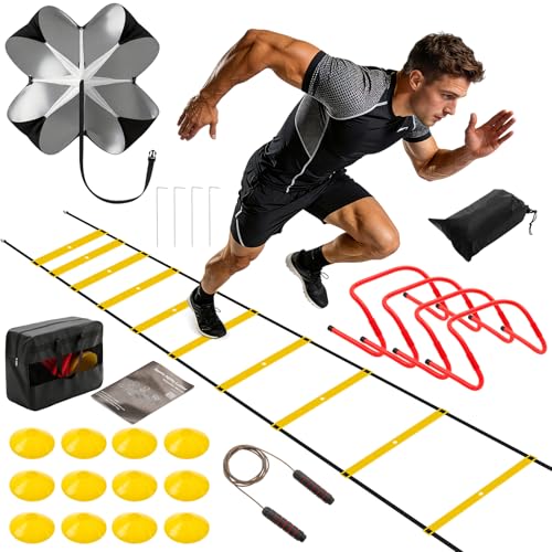 Agility Ladder Speed Training Equipment Set-20ft Ladder,12 Cones, 4 Adjustable Hurdles, Jump Rope, Resistance Parachute| Soccer,Basketball, Football Practice Equipment for Youth, Adults - color: Yellow, size: 17.17"*5.71"*13.31"