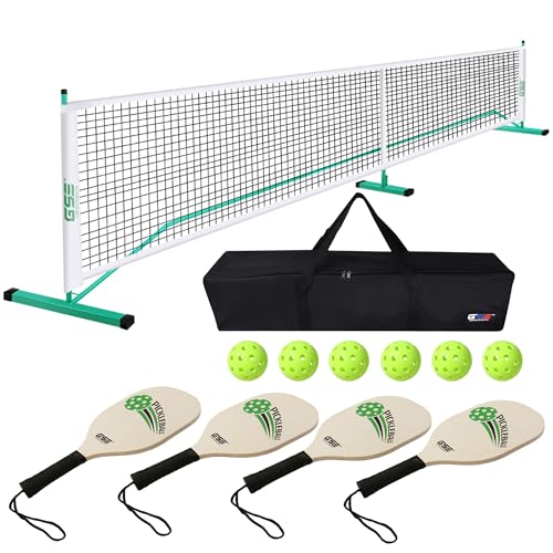 GSE Games & Sports Expert Portable Pickleball Net Set with Regulation Size Pickleball Net, 4 Pickleball Paddles, 6 Pickleballs, Carrying Bag, Weather Resistant Metal Frame for Outdoor - color: Green