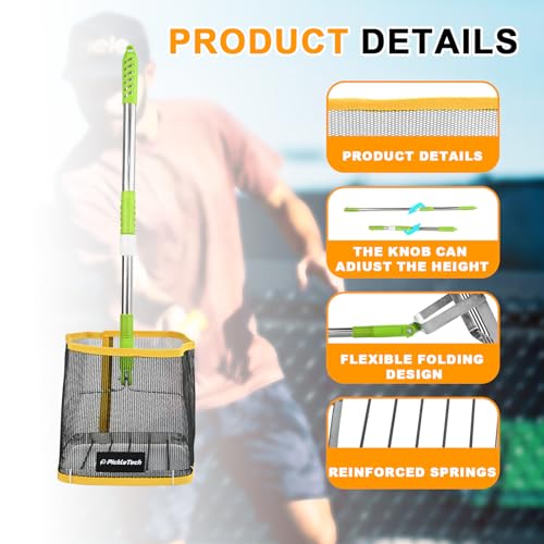 PICKLETECH Pickleball Ball Picker Upper - Tennis Balls Hoppers, 20-Ball Large Capacity | 24-34" Telescopic Stainless Steel Handle | Lightweight Portable for Outdoor Courts Clearance