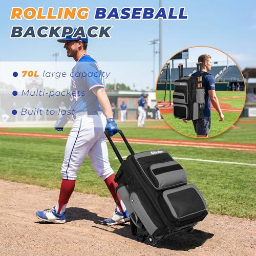 Rolling Baseball Bag with Wheels, 70L Large Capacity Baseball Backpack with Hidden Shoulder Strap, Sturdy Softball Bag with Multi-Pockets, Shoe Compartment, Fence Hooks for Players, Coaches - color: Grey