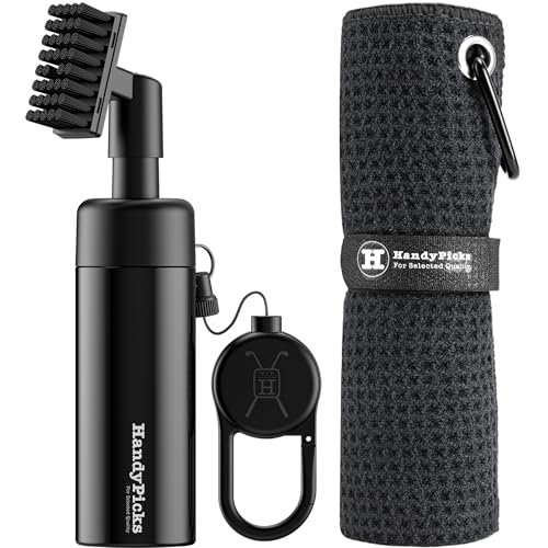 Handy Picks Golf Club Cleaner with Water Bottle Holds 5.5 OZ, Heavy Duty Metal Retractable Magnetic Clip, Waffle Microfiber Golf Towel, Ideal Water Brush Combo - color: Black