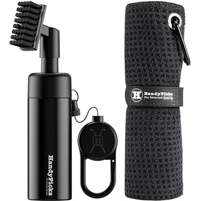 Handy Picks Golf Club Cleaner with Water Bottle Holds 5.5 OZ, Heavy Duty Metal Retractable Magnetic Clip, Waffle Microfiber Golf Towel, Ideal Water Brush Combo - color: Black