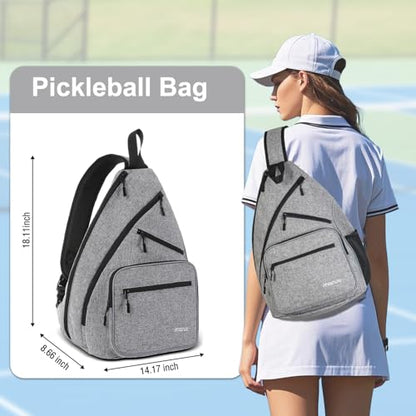 MOSISO Pickleball Bag for Women Men, Pickleball Backpack Sports Pickle Ball Paddle Daypack with 3 Front Pockets, Crossbody Sling Bag for Paddle Tennis Racket, Gray