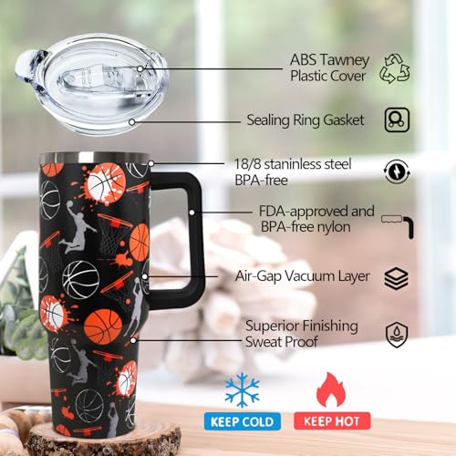 Ceovfoi 40 oz Basketball Coffee Mug Cup Vacuum Insulated Travel Tumbler with Handle Lid and Straw,Basketball Coach Gifts,Accessories Stuff - color: Basketball
