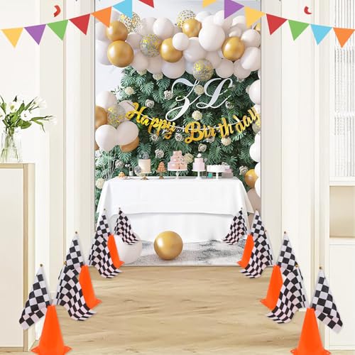 Mini Traffic Cones（With Hole on Top）with Racing Checkered Flags, Sports Safety Cones for Soccer Cones and Basketball Practice Equipment - Mini Orange Cones for Soccer Practice and Small Driving Practice Cones.Race Car Birthday Party Supplies, Kids Gift. (