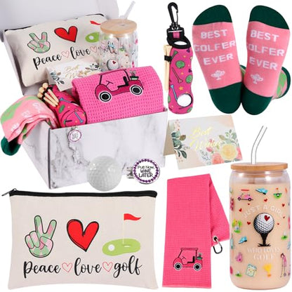 SAIWEILAI ONLINE 12 Pieces Golf Gifts for Women Golfers Christmas Gifts Set with Funny Golfing Can Glass Socks Towel Makeup Bag Hat Clip Bag Ball and Tee Holder - style: Women