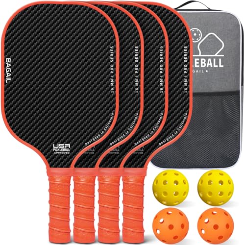 BAGAIL Pickleball Paddles, USAPA Approved Fiberglass Surface Pickleball Set, Lightweight Pickle Ball Rackets with 4 Balls, 1 Bag, Designed in California for Traction and Stability - color: Orange, size: 4-pack