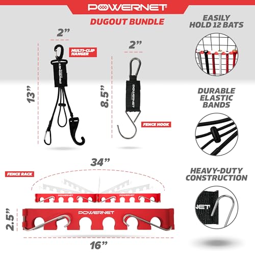 PowerNet Dugout Organizers, Softball & Baseball Bat Fence Rack, Multi-Clip Gear Hanger, Two Fence Hooks or Dugout Bundle, Baseball Coaching Accessories, Baseball Equipment Dugout Organizer with Hooks - style: Dugout Bundle