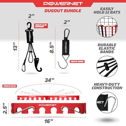 PowerNet Dugout Organizers, Softball & Baseball Bat Fence Rack, Multi-Clip Gear Hanger, Two Fence Hooks or Dugout Bundle, Baseball Coaching Accessories, Baseball Equipment Dugout Organizer with Hooks - style: Dugout Bundle