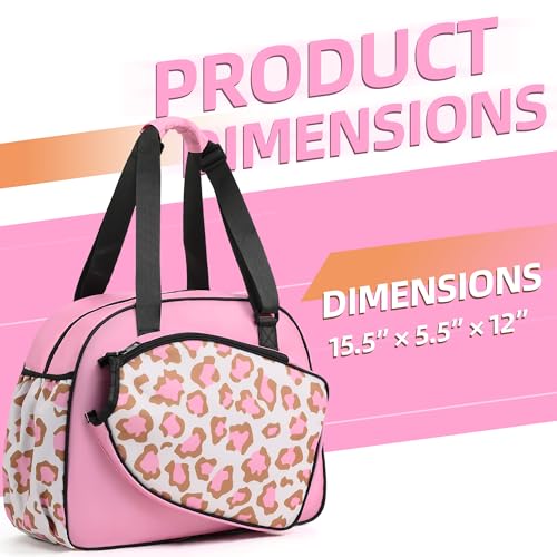 Boulder Bee Pickleball Bags, Premium Pickleball Tote Bag for Girls, Women’s Hand/Shoulder Gym Bag w Water Bottle Holder, with Pickleball Racquet/Paddle Holder - color: Leopard print-pink