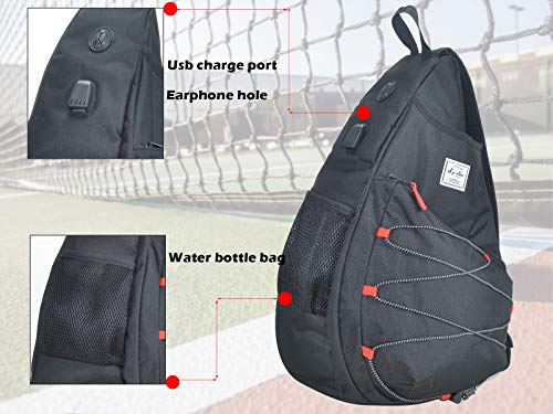 Tennis Bag for Men Women, Racquetball Pickleball Paddle Squash Sling Bags Crossbody Sports Backpack Adult with USB Charge Port - color: Black