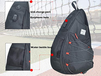 Tennis Bag for Men Women, Racquetball Pickleball Paddle Squash Sling Bags Crossbody Sports Backpack Adult with USB Charge Port - color: Black
