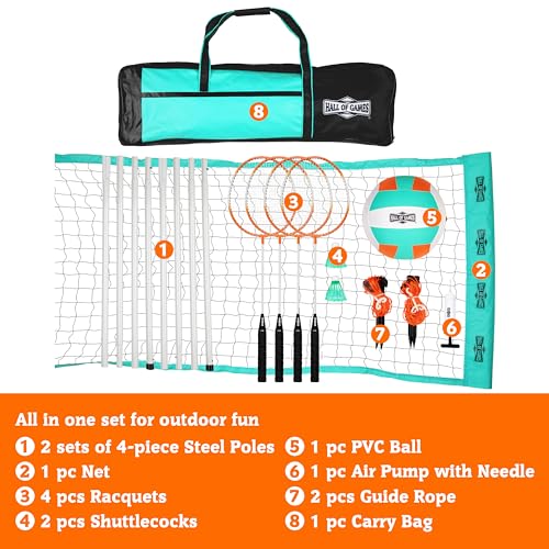 Hall of Games Outdoor Volleyball and Badminton Net with Carrying Bag Accessories Set and Adjustable Steel Poles Perfect for Parties - color: 20 Ft.