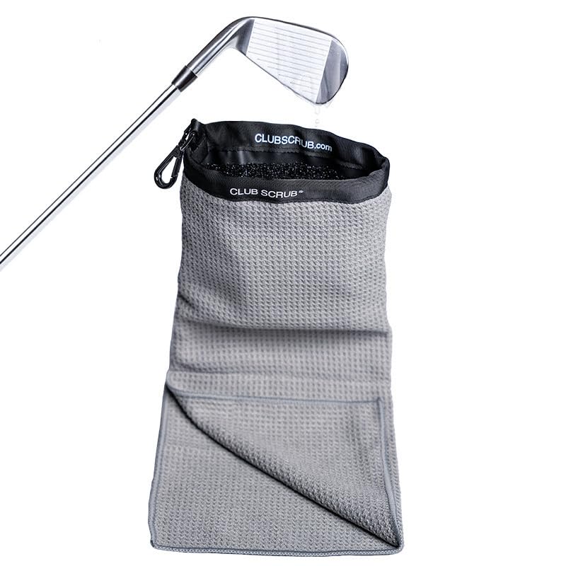 Club Scrub Towel Pro, Golf Club and Ball Cleaning Pouch with Attached Towel, Waterproof Exterior, Clean Face Technology Liner, Machine Washable, Cleans Club Grooves, Waffle-Weave Microfiber (Gray) - color: Gray