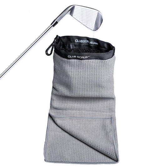 Club Scrub Towel Pro, Golf Club and Ball Cleaning Pouch with Attached Towel, Waterproof Exterior, Clean Face Technology Liner, Machine Washable, Cleans Club Grooves, Waffle-Weave Microfiber (Gray) - color: Gray
