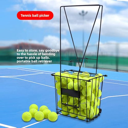 Portable Tennis Hopper, Foldable Base and Handles with Rolling Casters for Easy Ball Pick Up on Grass Rubberized Courts Concrete