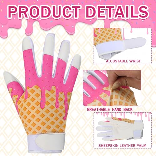 JenPen 1 Pair Youth Ice Cream Drip Batting Gloves 6 Inch Baseball Batting Gloves Long Cuff Leather Ice Cream Drip Pattern Mitt Grip Finger for Softball Teeball Baseball Kids Youth Boys - color: Pink, size: M Size