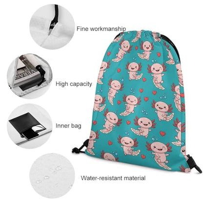 Drawstring Backpack Gym Sackpack Lightweight Waterproof String Bag for Sports Travel Yoga Beach Swimming, Men Women Unisex, Axolotls Hearts And Bubbles Green Bags - color: Picture (361)