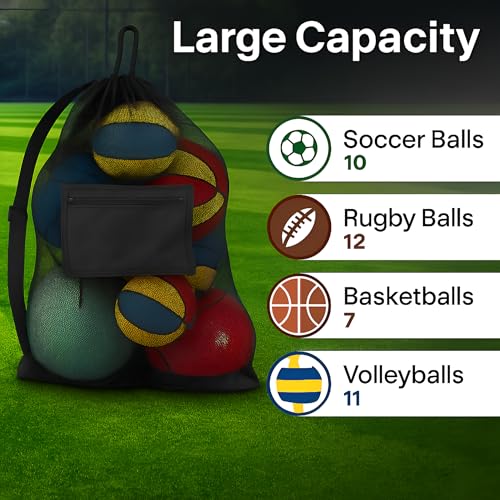 Handy Laundry Mesh Ball Bag - Up to 15 Balls Large Capacity Sports Equipment Bag Carrier with Adjustable Strap and Drawstring Closure - For Soccer, Basketball, Volleyball - size: 24 x 36
