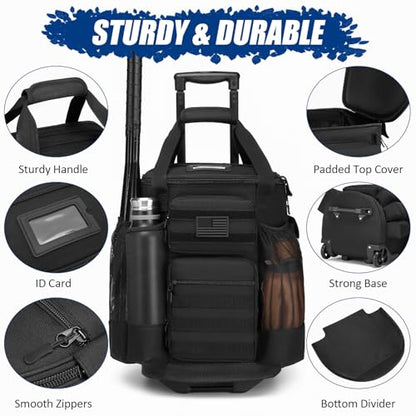 Baseball Bucket Bag with Wheels Baseball Coaching Accessories Organizer Tactical Style Softball Bucket Bag with Multiple Pockets for Bat, Gloves and Other Accessorie