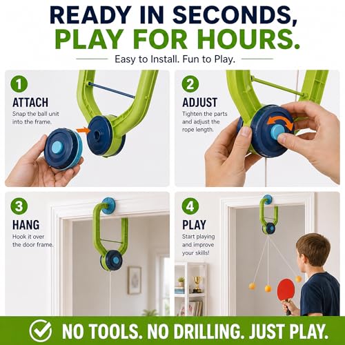 Hanging Table Tennis Trainer Portable Set, 1 Pcs Trainer 6 Balls Door Pong Game for Kids with Racket and Balls, Adjustable Hanging Table Tennis Trainer