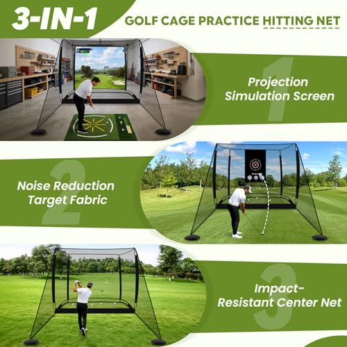 Golf Simulator Cage, 10x8ft Golf Practice Hitting Net with Triple-Layer HD Screen, 5x4ft Golf Mat with Dual Turf for Indoor &Outdoor, Gifts for Men Dad & Golfers - size: 10x8ft(Practice Net)