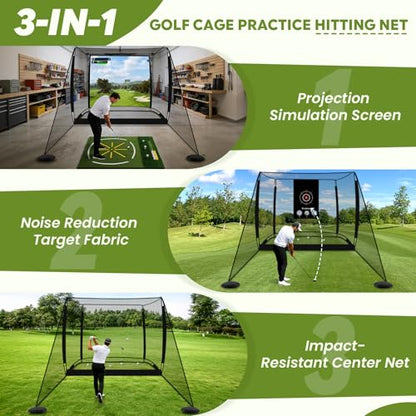 Golf Simulator Cage, 10x8ft Golf Practice Hitting Net with Triple-Layer HD Screen, 5x4ft Golf Mat with Dual Turf for Indoor &Outdoor, Gifts for Men Dad & Golfers - size: 10x8ft(Practice Net)