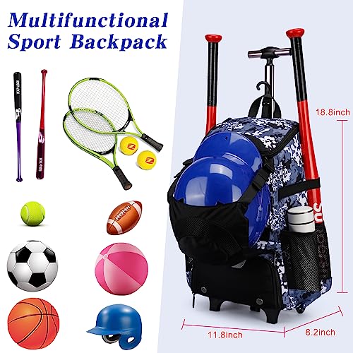 Softball Bag, Baseball Rolling Bat Bag - Wheeled for Youth Girls Adult, Lightweight Equipment Backpack With Shoe Compartment, Fence Hook for TBall, Helmet