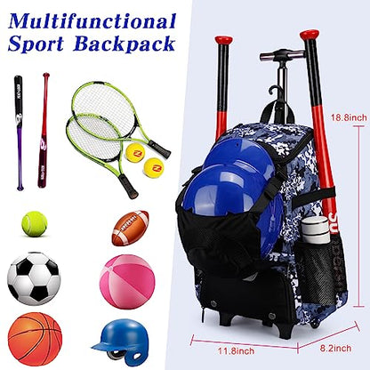 Softball Bag, Baseball Rolling Bat Bag - Wheeled for Youth Girls Adult, Lightweight Equipment Backpack With Shoe Compartment, Fence Hook for TBall, Helmet