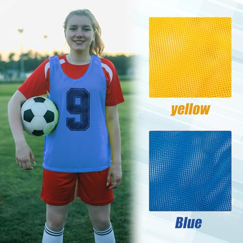 Vabean 24 Pack Nylon Mesh Scrimmage Team Practice Vests Pinnies Jerseys Train Vest for Adult Sport Basketball Soccer Football - color: Yellow, Light Blue