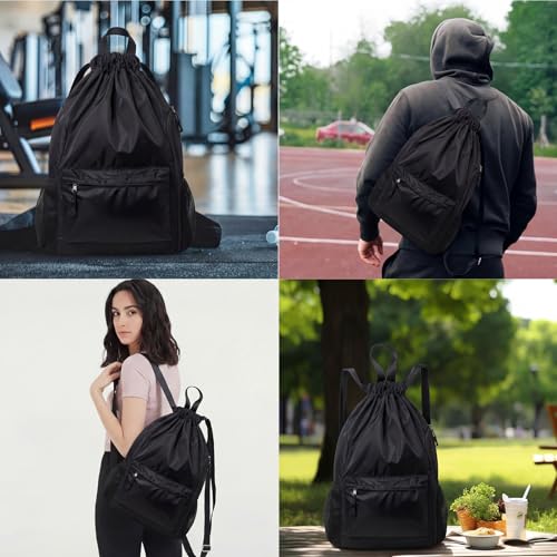 6 Pcs Black Basketball Drawstring Backpack, X-Larger Waterproof Drawstring Gym Bag, Baseball Softball Sports Bag with Water Resistant String Swim Backpack Side Mesh Pocket for Men Women