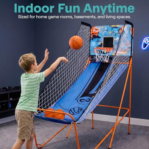 SereneLife Dual Shot Basketball Arcade Game with Electronic Scorer, 8 Game Modes, Indoor Outdoor 2 Player Basketball Shooting Game, Foldable Arcade Set with 5 Balls and Pump - style: Single Hoop