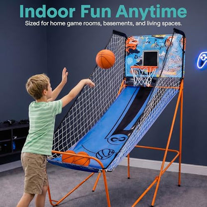 SereneLife Dual Shot Basketball Arcade Game with Electronic Scorer, 8 Game Modes, Indoor Outdoor 2 Player Basketball Shooting Game, Foldable Arcade Set with 5 Balls and Pump - style: Single Hoop