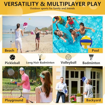 Outdoor Portable Volleyball and Badminton Net Combo Set, Official Size 5 Volleyballs Pickleball and Badminton Set for Backyard Games (Blue+Green)
