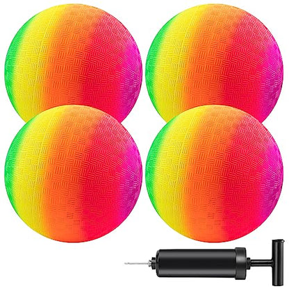 Mic Playground Balls Kickballs 8.5 Inch, Rainbow Playground Ball Set for Kids and Adults, Kick Balls for Indoor & Outdoor Schoolyard Games with Hand Pump(4 Pack, Bulk Available)