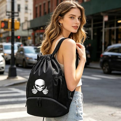 FOECBIR Basketball Drawstring Backpack with Independent Shoe Pocket & Drawstring Bag Wet Dry Separation, Water Resistant Sports Bag with Side Mesh Pockets for Men Women (Skeleton Skull) - color: Skeleton Skull