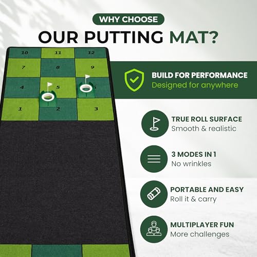 Golf Putting Mat: Indoor Putting Green with 4 Cups and Target Zones - Portable Golf Training Aid and Capture the Cup Putting Game - color: 9ft x 2.5ft Green & Black
