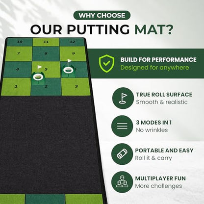 Golf Putting Mat: Indoor Putting Green with 4 Cups and Target Zones - Portable Golf Training Aid and Capture the Cup Putting Game - color: 9ft x 2.5ft Green & Black