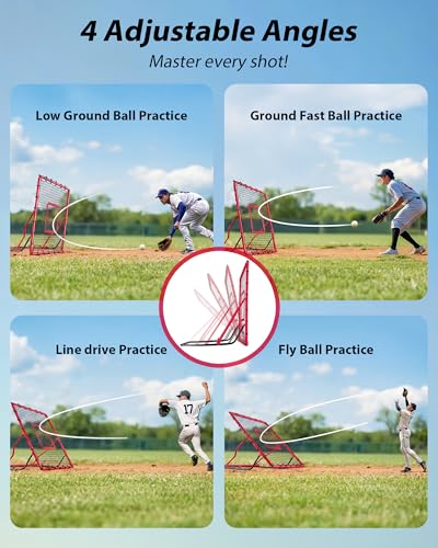 Baseball Rebounder Net,4x4.5FT Multi-Sport Pitch Back Rebounder Steel Frame with 4 Adjustable Angles, 40pcs Bungees Soccer, Volleyball&Lacrosse Trainer for Solo Fielding - color: Red