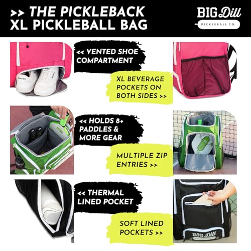Big Dill Pickleball Backpack | Large Pickleball Bag with Shoe Compartment for 8+ Paddles & Accessories, Insulated Pocket - color: Black