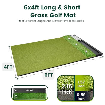 Golf Hitting Mat with Ball Tray 5x4ft - 6x4ft Dual-Turf Practice Mat for Indoor & Outdoor Use Golf Training Mat with Rubber Tee Holes, Suitable for Swing Driving & Chipping - size: 6 x 4 ft - 1.22"