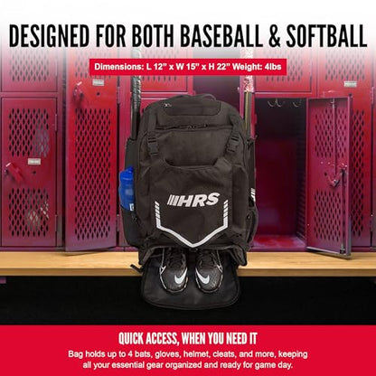 Hit Run Steal Large Baseball/Softball Bat Bag Backpack, Black - 4-Bat Capacity, Helmet and Glove Space, Vented Shoe Pocket, Padded Straps, Bottle Holder, Fence Hook