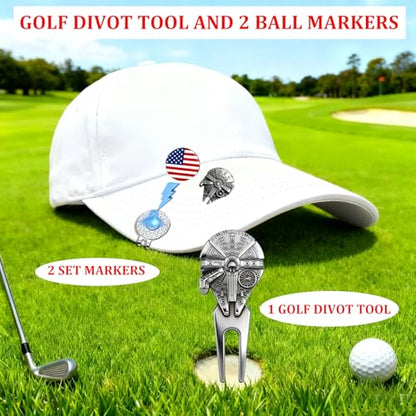 WIGERLON Golf Divot Tool and Ball Marker Set,Divot Repair Tool with Ball Marker(1pcs Divot Tool,2 Set Golf Hat Clip with Enamel Magnetic Ball Marker)