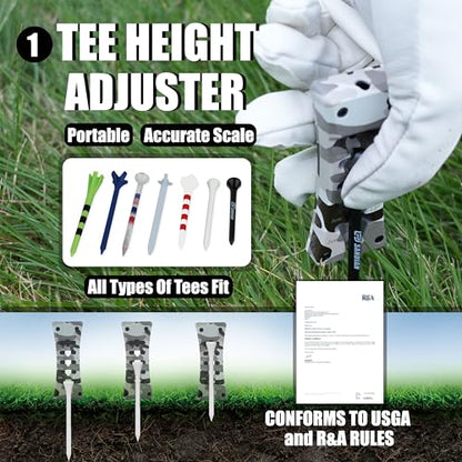 SANDIAN, All-in-1 Value Pak, Adjustable Golf Tee Height Setter with Divot Tool, Genuine Carbon Fiber Made Pitchfork, Super Lightweight, T800 Ball Marker, Hat Clip, Tees, Leather Holster, Zipper Case - color: Camouflage Full