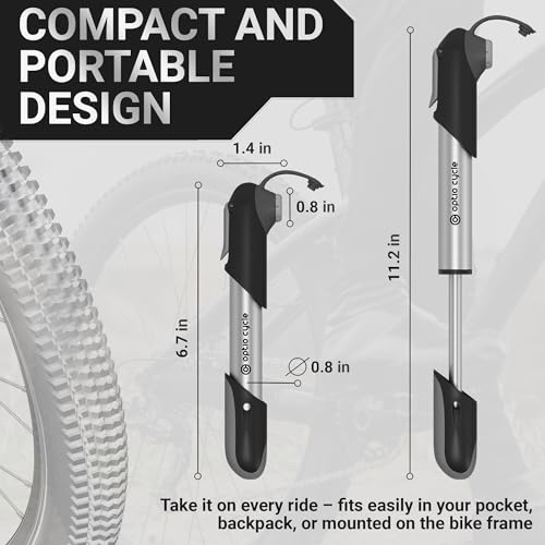 Mini Bike Pump 120 PSI / 8.3 Bar – Compact Portable Frame-Mounted Bicycle Hand Air Pump for Presta and Schrader Valve | Small Manual Tire Tool for Road, Track, Mountain Bike, BMX, Ebike - color: Silver
