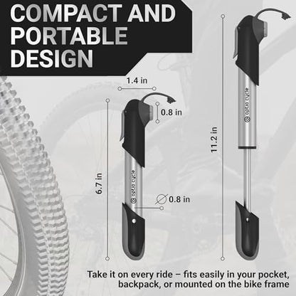 Mini Bike Pump 120 PSI / 8.3 Bar – Compact Portable Frame-Mounted Bicycle Hand Air Pump for Presta and Schrader Valve | Small Manual Tire Tool for Road, Track, Mountain Bike, BMX, Ebike - color: Silver